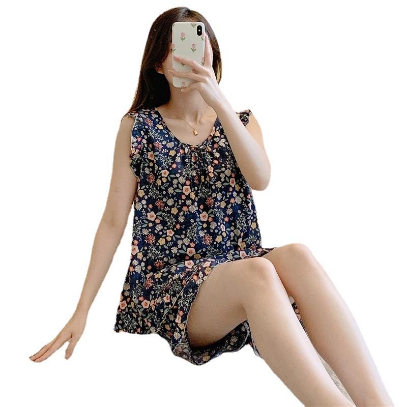 Pijamas de Algodão e Seda Feminino Fino Sexy Algodão Seda Regata Shorts Conjunto de Duas Peças Roupa de Dormir Verão