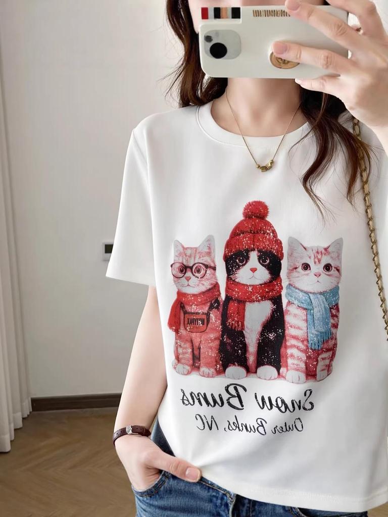 2026 Summer Korean Style Loose Fit Cartoon Cat Print Plus Size Pullover T-shirt for Women