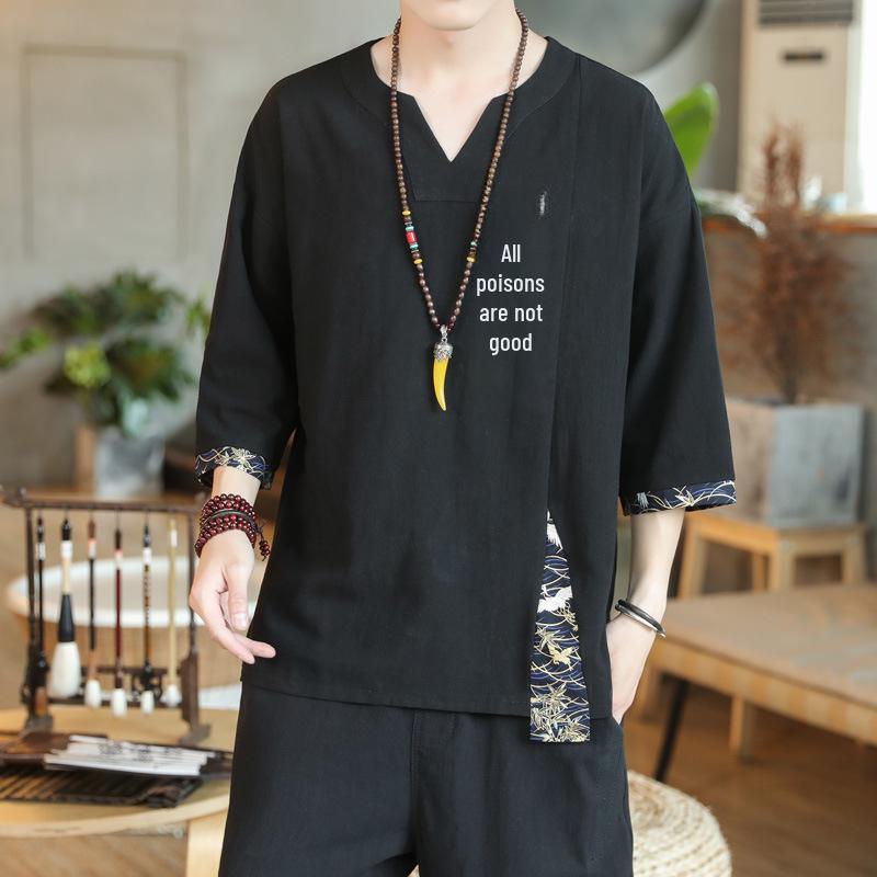 

Мужская льняная футболка в стиле ретро с V-образным вырезом и вышивкой, свободного кроя, рукава три четверти, большой размер L