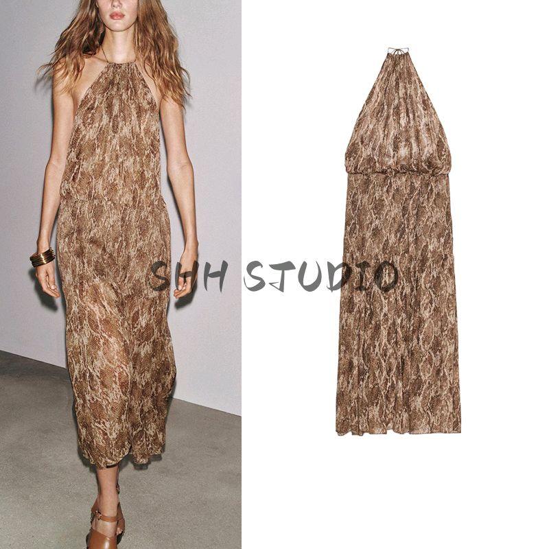 Summer Women's Clothing Vacation Style Asymmetric Hem Animal Pattern Print Hanging Collar Long Dress 3754825