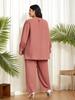 Middle Eastern Plus Size Women's Beaded Loose Two-Piece Set: Pink Stand Collar Top & Wide-Leg Pants
