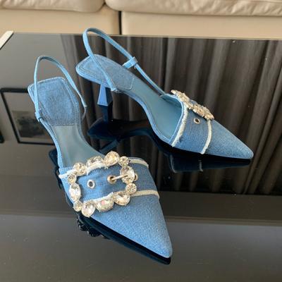 Fashion Denim Blue Rhinestone Women Pumps Wedding Bride Shoes Elegant High Heels Slingback Pointed Toe Sandals Ladies Shoes