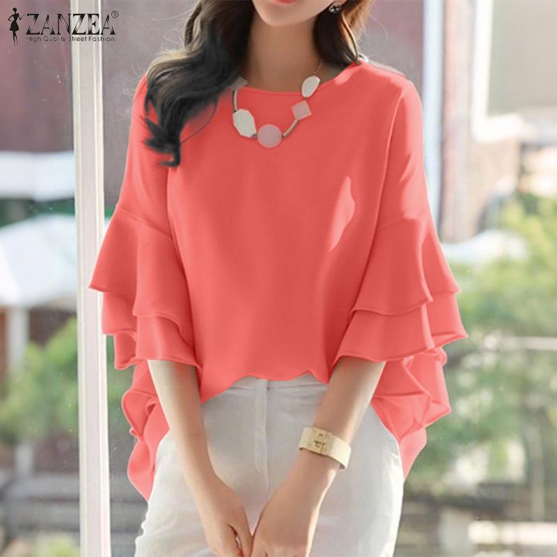 ZANZEA Bluză lejeră de damă, casual, cu gât rotund și mâneci cu volane