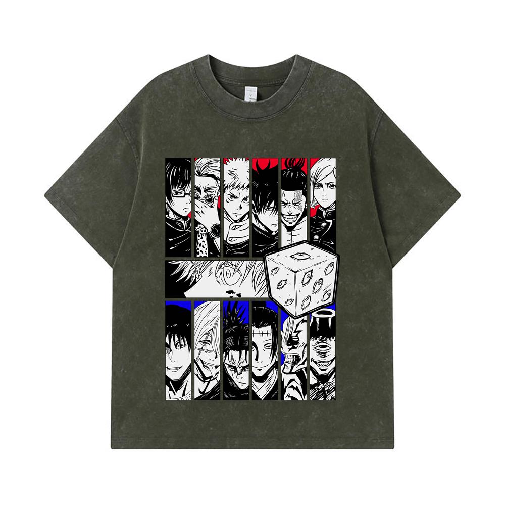 

275 GSM Washed T-shirts 100% Cotton Jujutsu Kaisen V39 Print Unisex Heavy Cotton T Shirt S армия зеленый