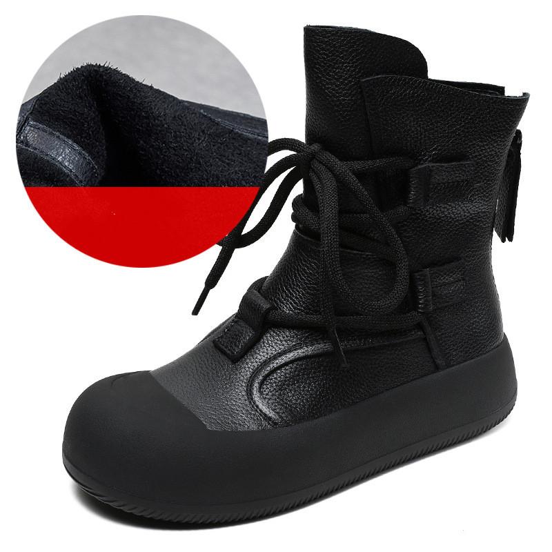 Johnature Handmade Vintage Mid-calf Boots Genuine Leather Women's Thick Soled Casual Versatile Short Boots