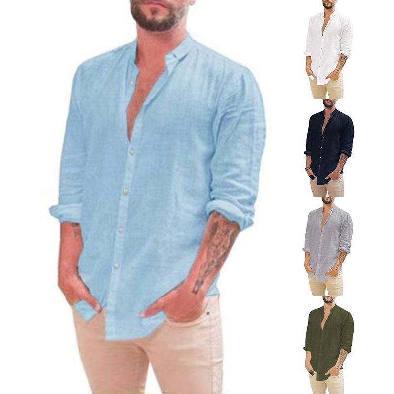 Camicia Casual da Uomo S Vintage a Collo Alto a Manica Lunga Monocolore