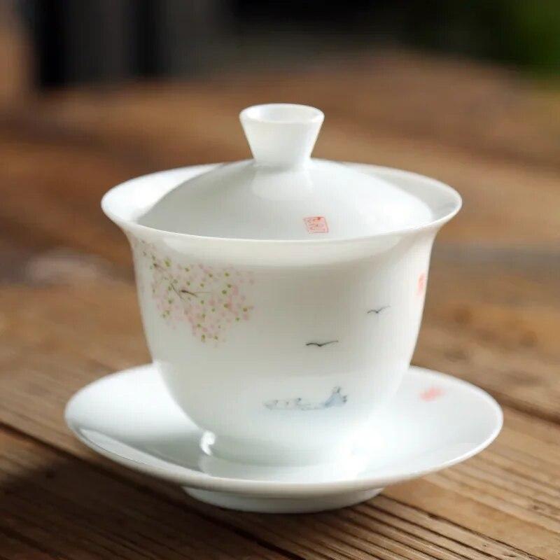 

Керамическая чайная чашка Gaiwan, белая фарфоровая чашка ручной работы, бытовая дорожная портативная чайная посуда, аксессуары, посуда для напитков 150 мл