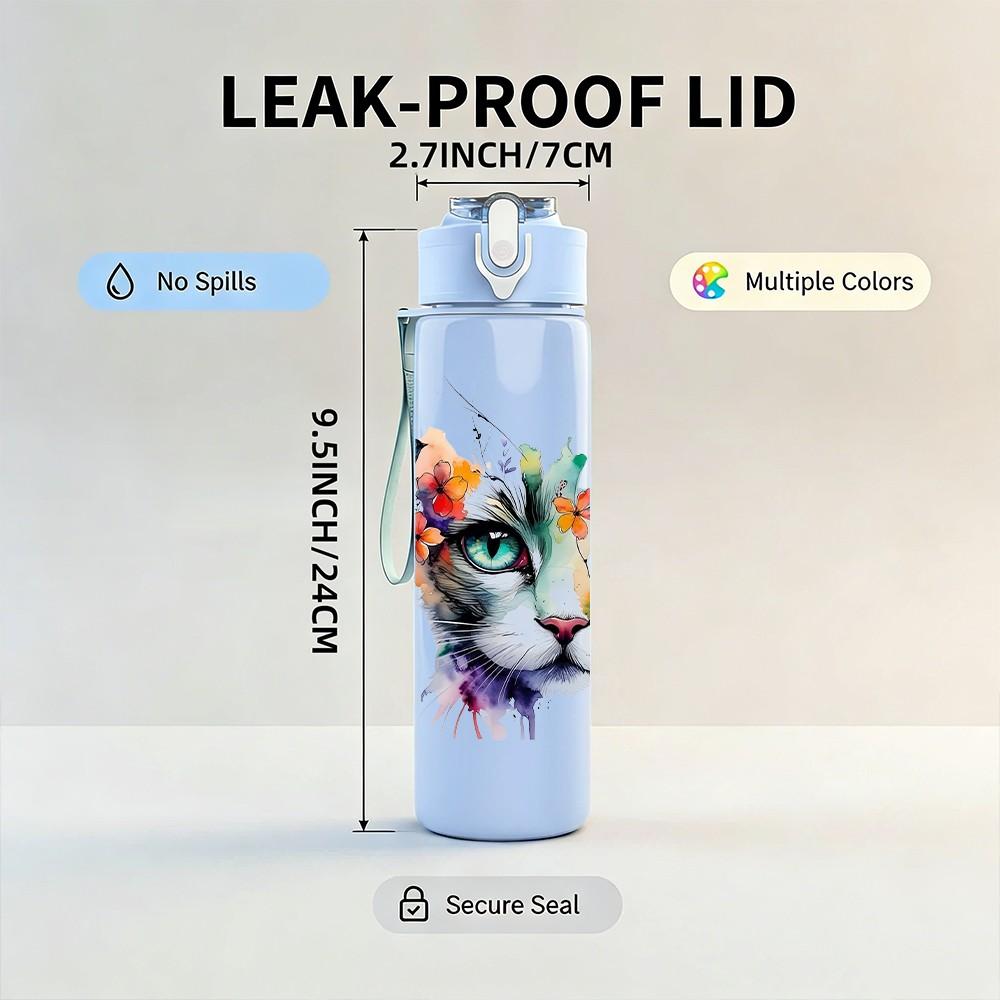 1PC Half Color Half Real Cat Mixed Media Art 750ml Color Plastic Sports Water Bottle Leakproof Flip Straw Lid Suitable for Sports Office Home Use