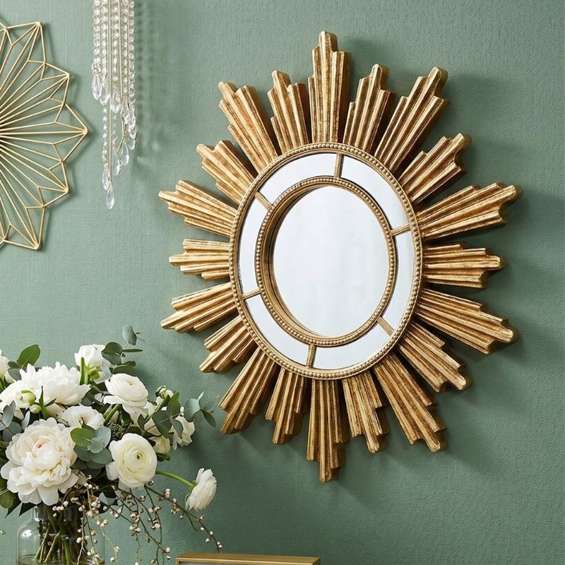 Stylish Resin Golden Sunbursts Vanity Mirror Wall Hanging Makeup Mirror for Bedroom or Bathroom Living Room Decors