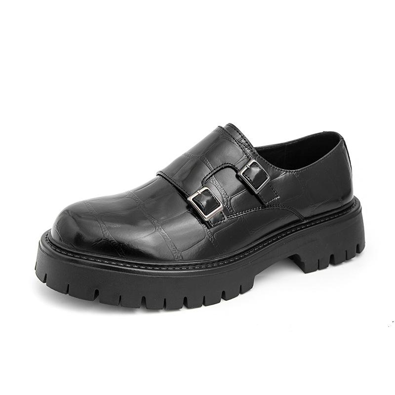 2025 Autumn New Large Size Double Pin Buckle Loafers Men's Size 38-46 Patent Leather Glossy Thick Heel Thick Sole Heightening Leather Shoes