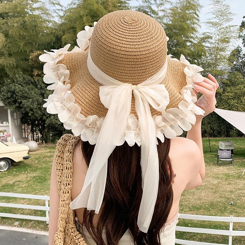 Summer Bow Sun Hat Female, Seaside Beach Vacation Sun Hat Outdoor Big Brim Sun Hat Sweet Straw Hat