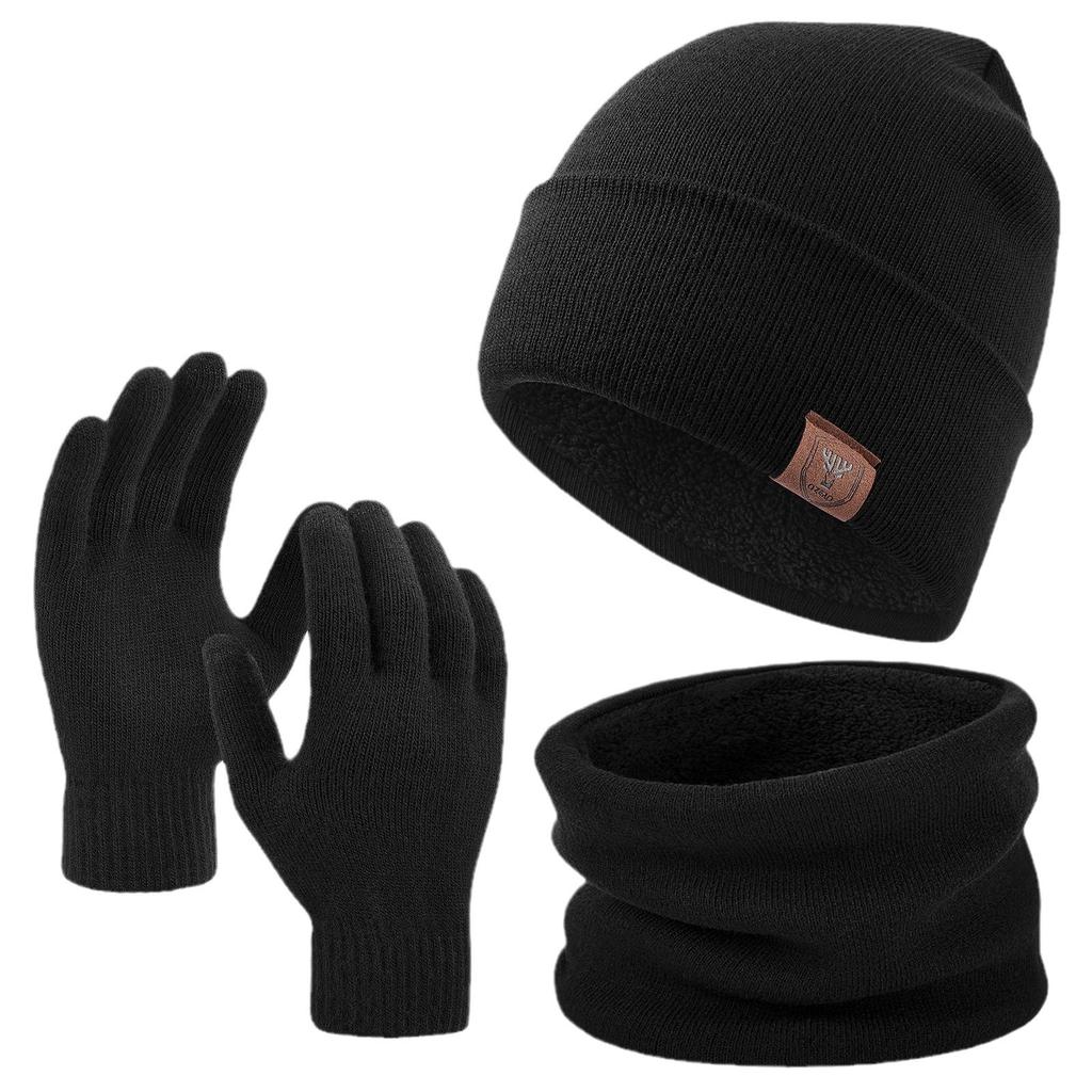 Hat Scarf Gloves Three Piece Set European and American Autumn and Winter Double Layer Plus Velvet Warm Hat Three Piece Set