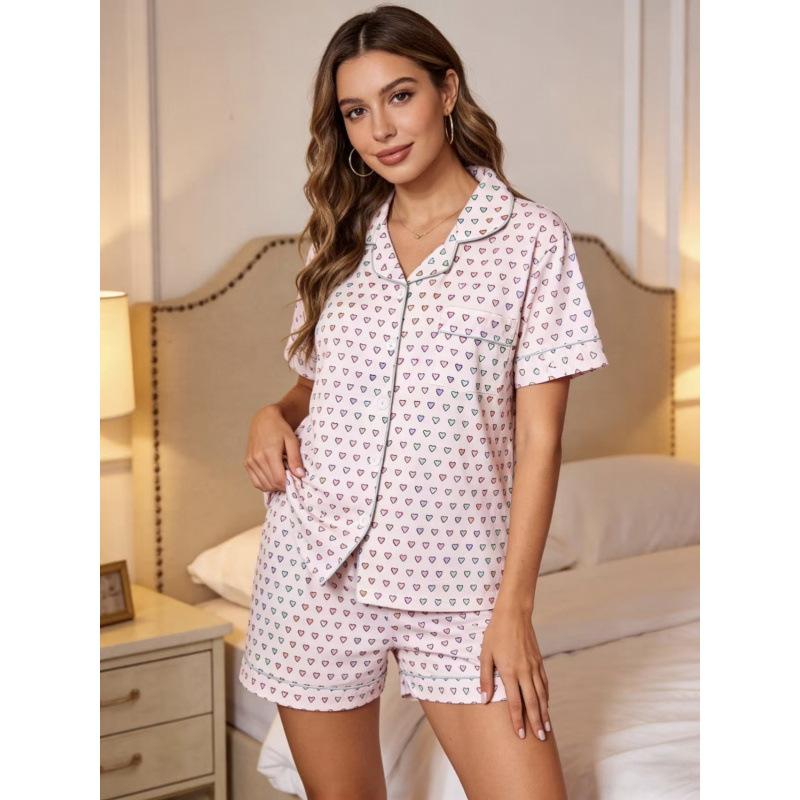 Women's heart-shaped print lapel short-sleeve short-sleeve shorts pajamas summer thin loose loungewear set