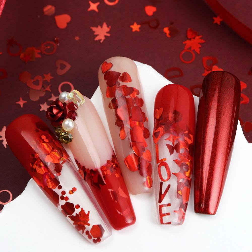 12 Box Laser Bright Red Nail Glitter Valentine's Day Love Butterfly Maple Leaf Nail Patch Material