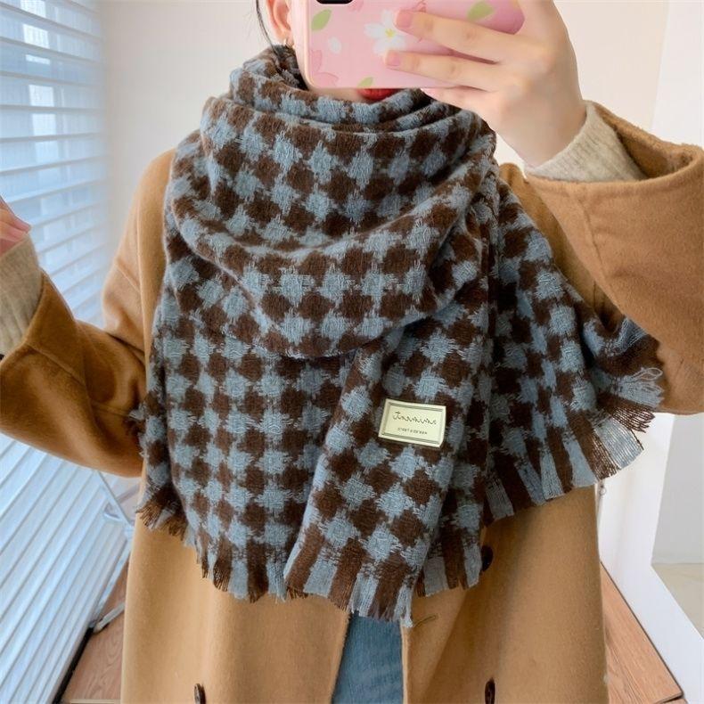 Houndstooth Scarf Women's Long Autumn and Winter Student Korean Style Women's Outer Shawl Dual Use Imitation Cashmere Warm Scarf