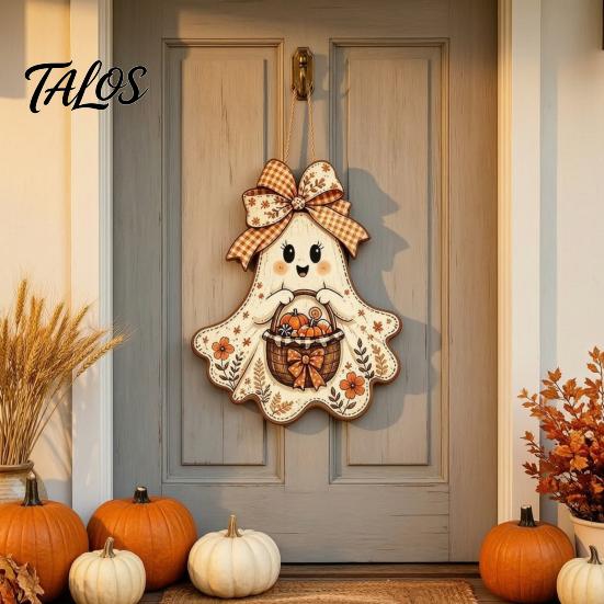 Outdoor Fall Entryway Sign Cute Bow Ghost Hanging Sign, Rustic Retro Floral Door with Pumpkin Harvest Wall Art Basket, Vintage Halloween Wooden