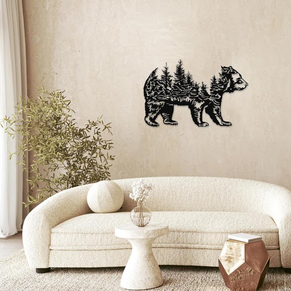 Black Bear Metal Wall Art, Mountain Tree Silhouette, Rustic Cabin Decor, Durable Outdoor Indoor Sculpture for Living Room Bedroom