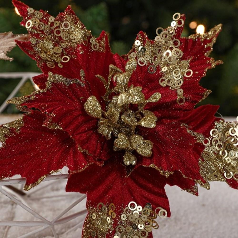 26CM Konstgjord Julstjärna Blomma Paljetter Glittrande Jul Glitter Blomma Glitter Simulering Blommor Julgransprydnad