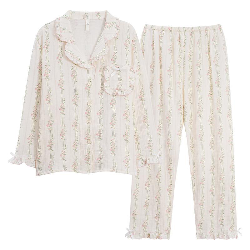 Woven Pure Cotton Pajamas Women's Spring and Autumn New Long-sleeved Loose Double-layer Gauze Sweet and Cute Loungewear Set