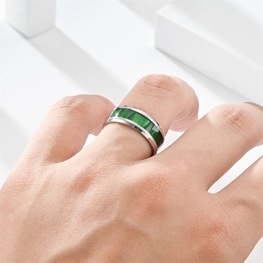 8mm Titanium Stainless Steel Rings for Men Women High Polished Inlay Green Shell Men Promise Rings Wedding Party Jewelry