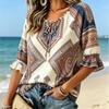 Women's Boho Paisley Geometric Print Shirt Tie Neck Ruffled 3/4 Sleeve Loose Casual Top for Vacation Daily Wear