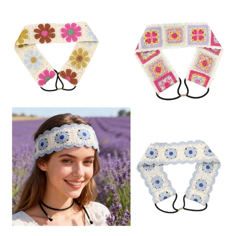 Elegant Crochet Flower Head Scarf Wide Hairband for Women Teens Girl Elastic Headwrap for Music Festival Travel Props
