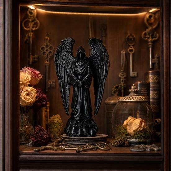 3D Printed Sculpture Decoration, Dark Gothic Angel Decoration with Detailed Feather Texture, Matte Black Figurine for Home Office Halloween Gift