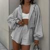Women's Autumn Zip Up Hoodie Shorts Set Lantern Sleeve Cropped Hooded Casual 2 Piece Outfit