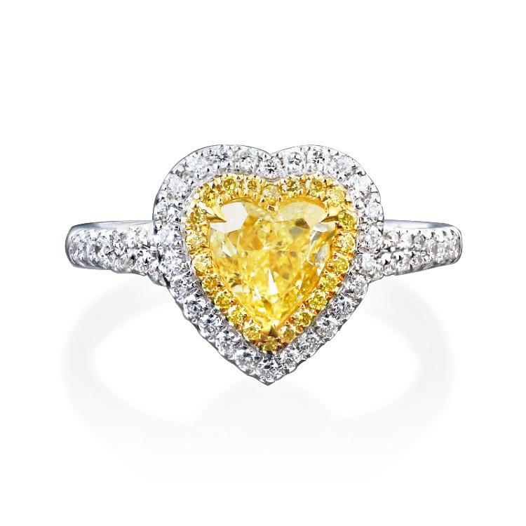 

925 Sterling Silver Jewelry Fancy Heart Cut Colorful Yellow Zircon Double Halo Ring