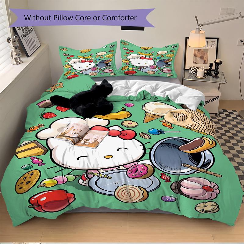 3pcs Sanrio Hello Kitty's Sweet Adventure Printed Quilt Set Soft and Comfortable Quilt Cover for Bedroom, Guest Room Bedding Set S090