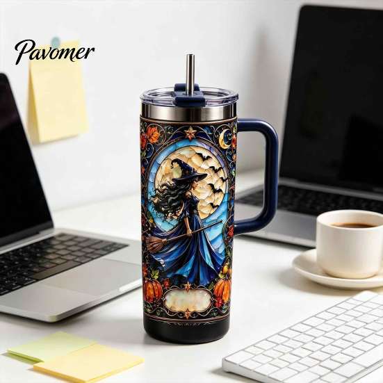 Vakuová termoska s dvojitou stěnou 40oz Witch Tumbler, Halloweenská gotická nerezová nepropustná láhev na vodu na stůl s uchem, Izolovaný cestovní hrnek na kávu,