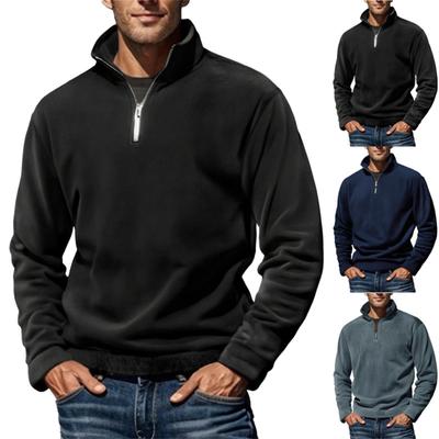 Men's Solid-color Casual Fleece And Pile Warm Jacket, Men's Stand-up Collar One-third Zipper Pullover Hoodie