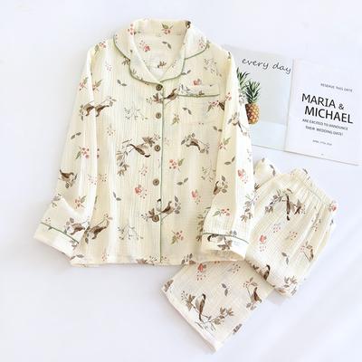 2026 Nuevo Conjunto de Pijama de Algodón Crepé para Mujer de Primavera y Otoño Manga Larga Pantalón Largo Conjunto de Dos Piezas Holgado Ampliado Ropa para el Hogar