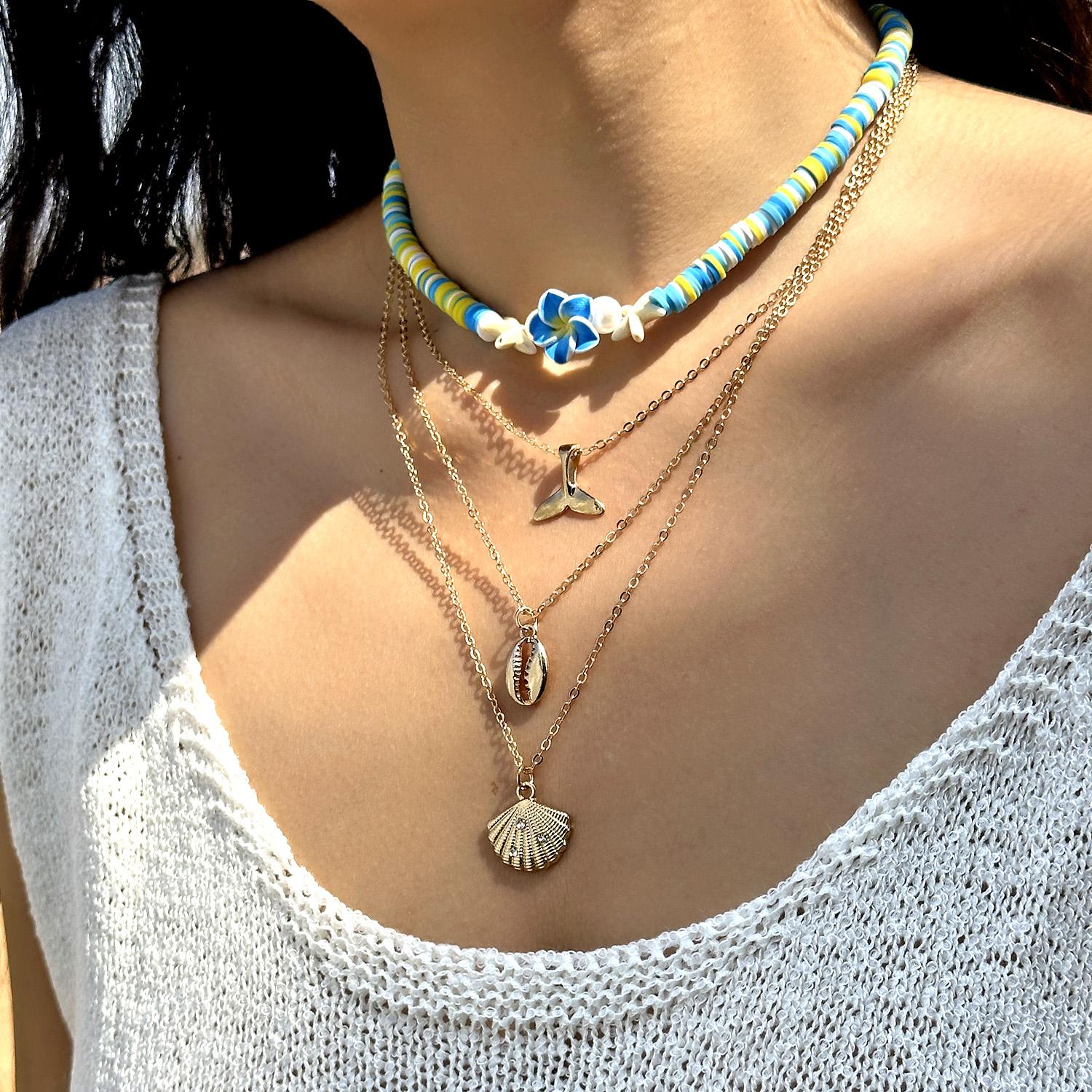 

Fashion Boho Soft Clay Plumeria Multi-layered Necklace for Women Simple Metal Shell Starfish Pendant Necklace Summer Jewelry