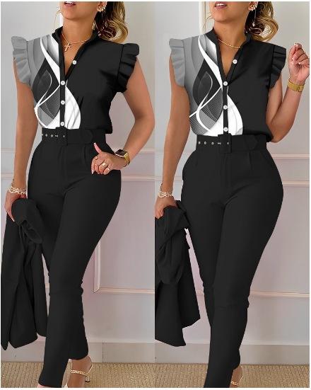 Two Piece Sets Women Outfits Elegant Single Breasted Short Sleeve Top Work Pants Casual Suit