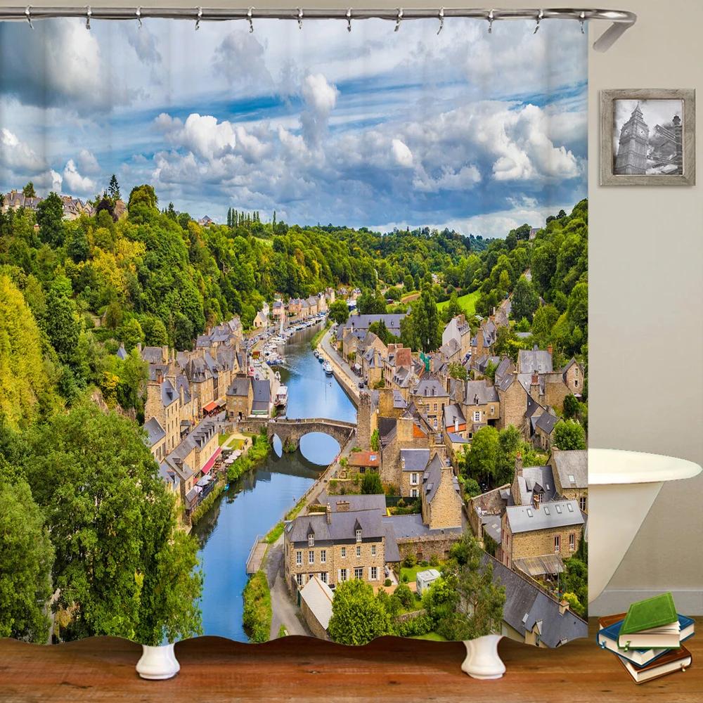 Beautiful Natural Scenery City Town Shower Curtains Bathroom Waterproof Polyester Fabric Bath Curtain Landscape Decor Curtains