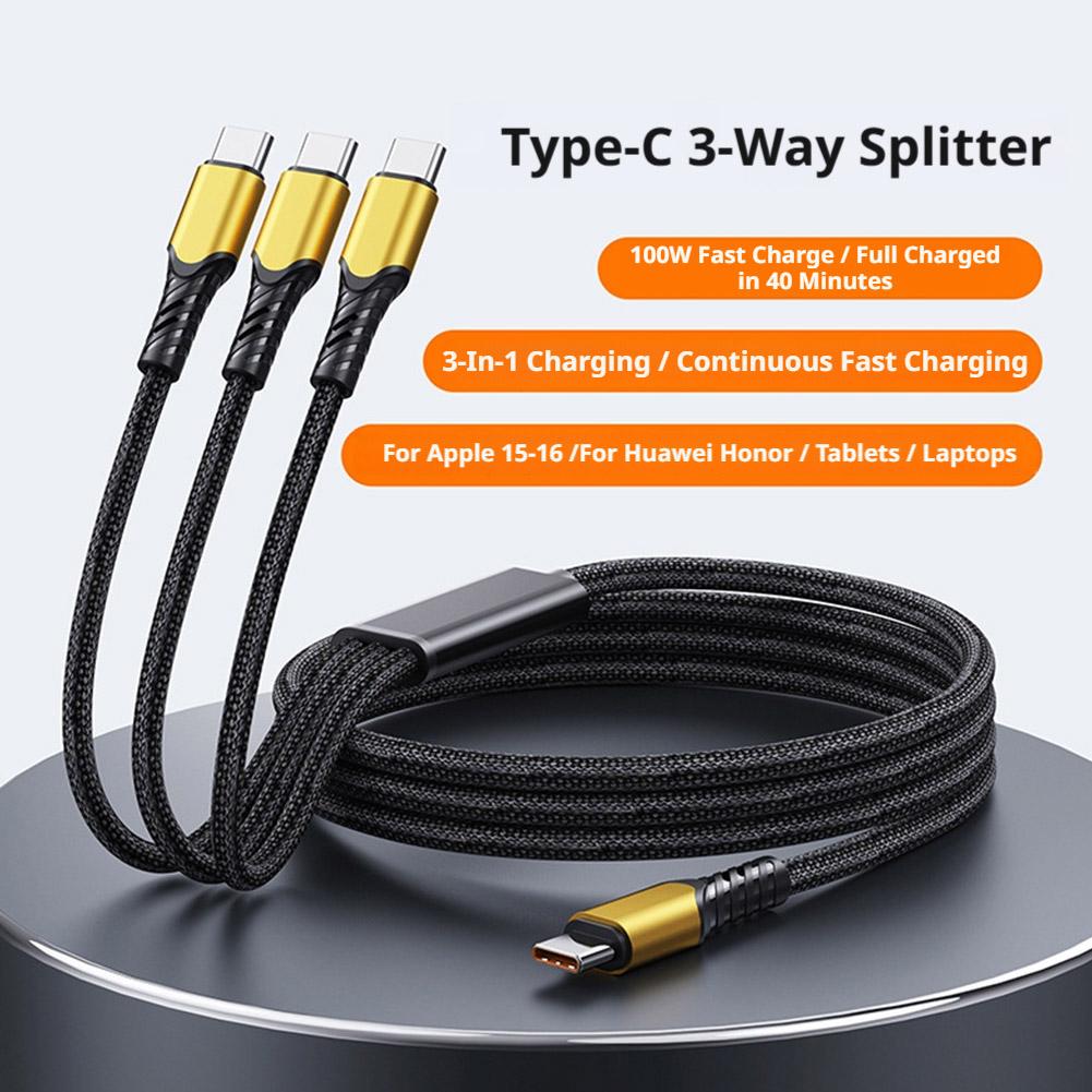 100W Braided Spring 3 In 1 USB C To 3 Type C Cable Fast Charging Phone Cable Suitable For Type-C Laptop Data Cable