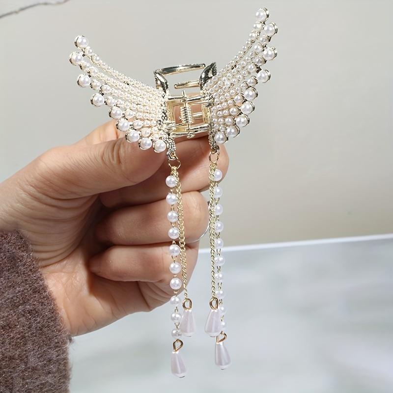 

Diamond Studded Angel Wing Tassel Hair Clip with Pearl Flower And Butterfly Design, a Chic Shark Clip for Elestyles, a Sweet And air Accessory That I