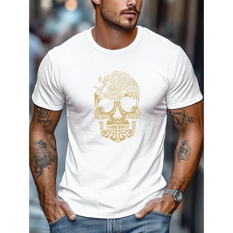 T-shirt da uomo, Vestibilità rilassata e casual, Semplice e pulita, T-shirt estiva casual da uomo con motivo teschio e uccello in volo, girocollo a maniche corte, TAGLIA PIÙ