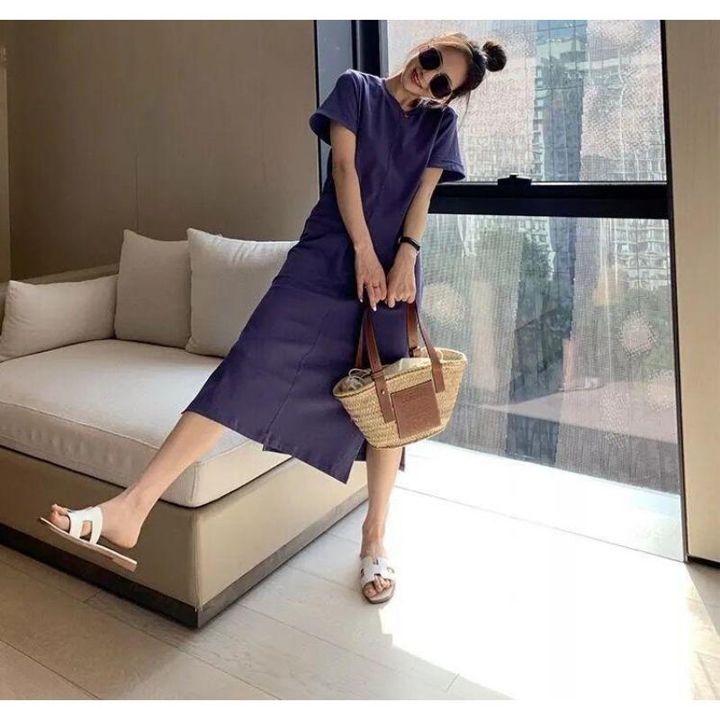 

Women s Over The Knee Long T-shirt Dress Summer Short Sleeves Loose Casual Lazy Design Sense Careful Machine Backless Dress 2XL лавандовый