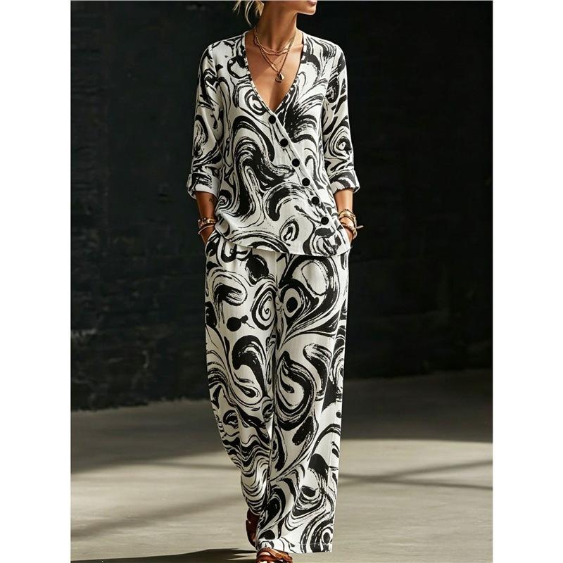 Summer new pink flamingo print V-neck diagonal shirt wide-leg pants two-piece set women's casual suit