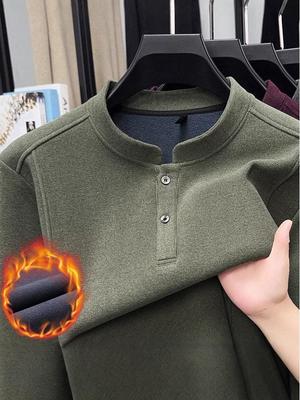 Men's Stand Collar Fleece T-shirt: Chinese Style, Long Sleeve, Thickened Velvet, Warm Casual Sweatshirt for Autumn/Winter.