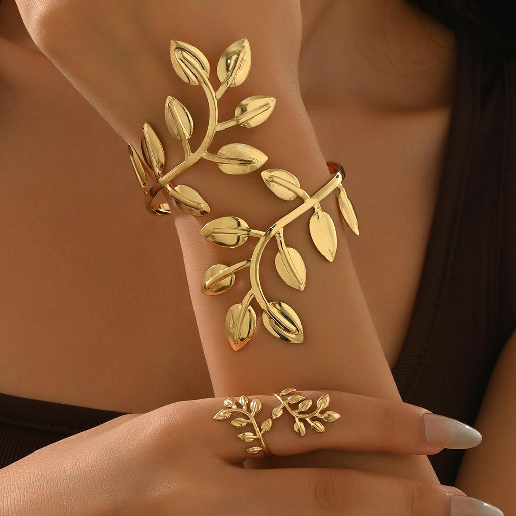 Vintage Exaggerated Leaf Bracelet Spiral Opening Adjustable Ring Set For Women Gold Color Metal Zircon Bangle Party Jewelry Gift