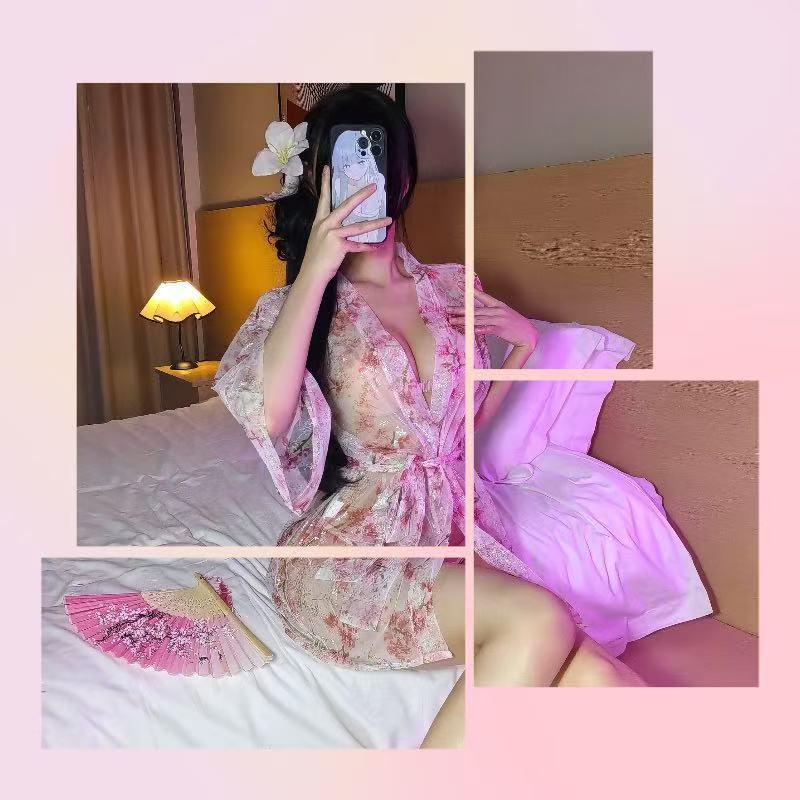 Alluring Deep V Japanese Kimono Pajamas Set with Sheer Outer Blouse and Bathrobe - Women's Sensual Lingerie