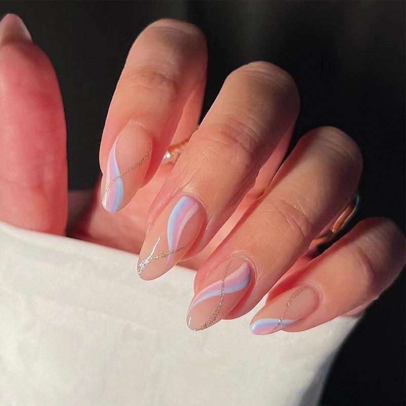 

Multi-Color Wave Glitter Removable False Nail Tips with Stickers