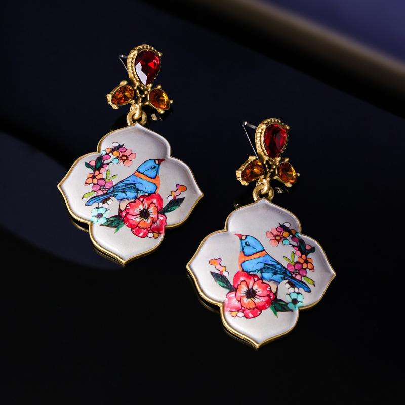 Vintage Floral And Bird Pattern Earrings Retro Palace Style Light Luxury Artistic Diamond-Studded Elegant Jewelry Gift