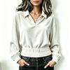 Women's Velvet Lapel V-Neck Long Sleeve Fitted Top