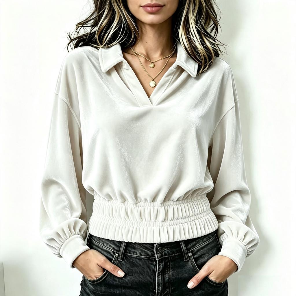 Women's Velvet Lapel V-Neck Long Sleeve Fitted Top