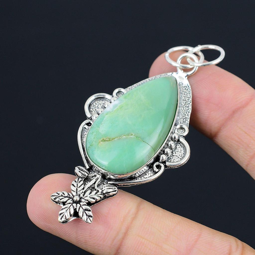Jahrestagsgeschenk für sie Natürlicher Chrysopras Edelstein Anhänger Blume 925 Silber