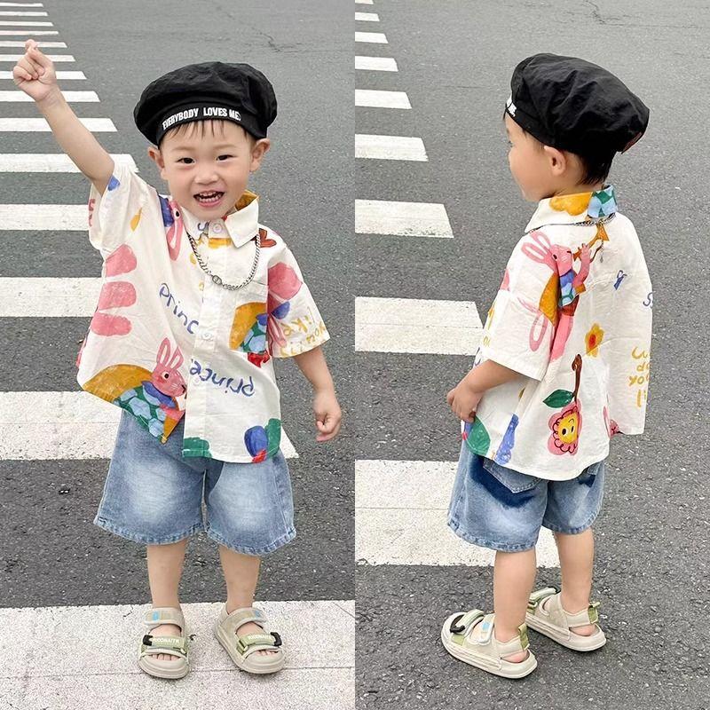 Summer Boys Cartoon Print Short Sleeve Shirt Thin Cool Baby Top